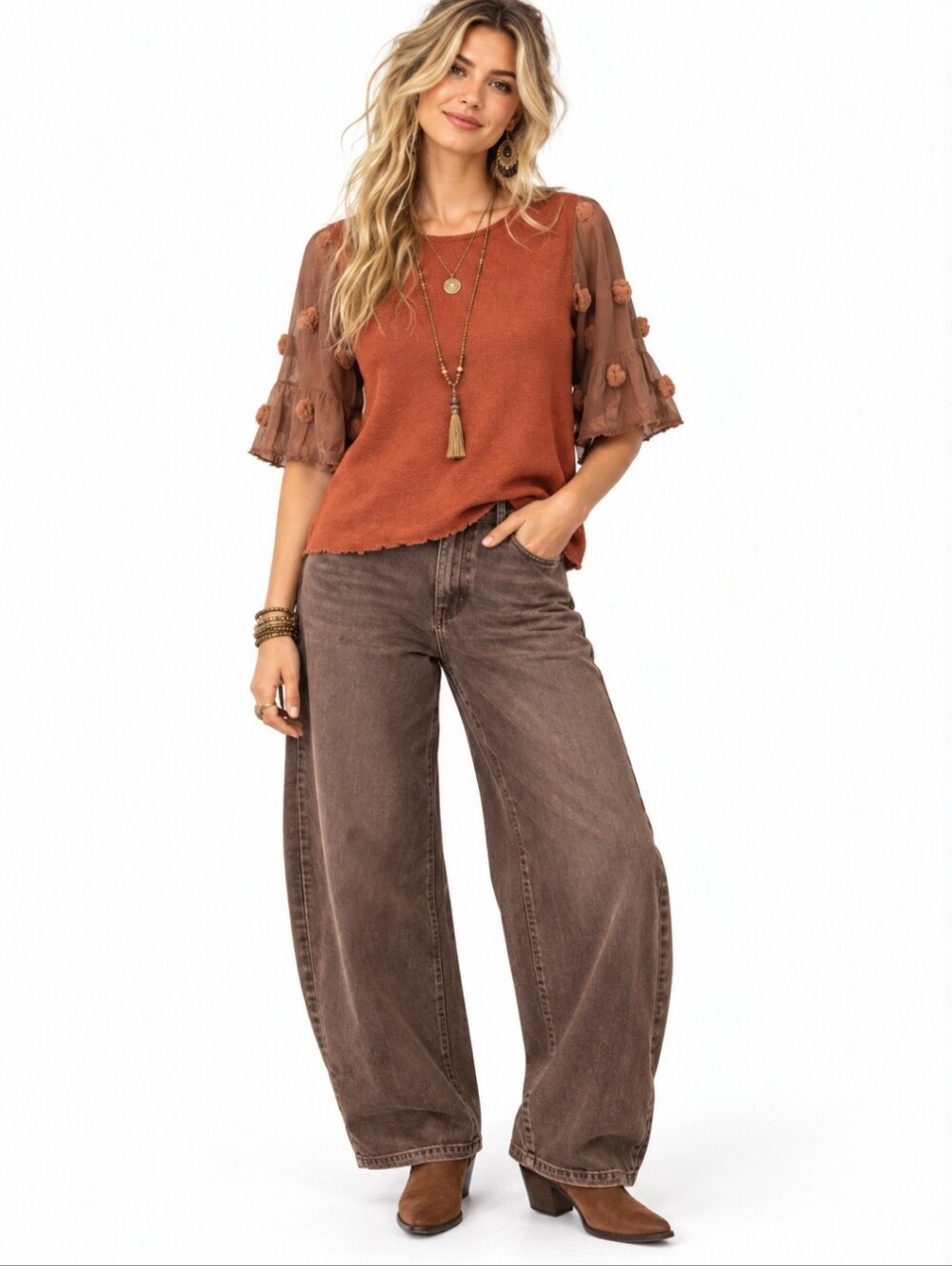 THML Roolee Cordero Puff Sleeve rust Brown Boho 3/4 sheer Sleeve Blouse Size XS